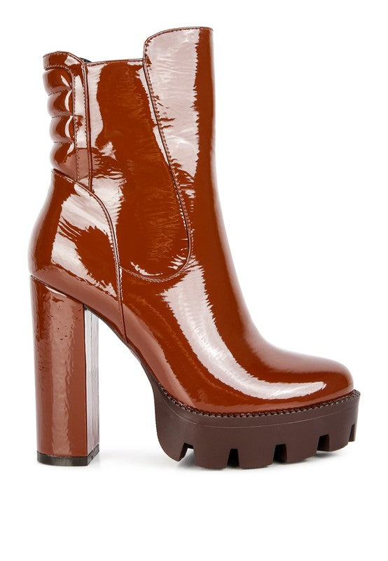 High Key Collared Patent High Heeled Ankle Boot