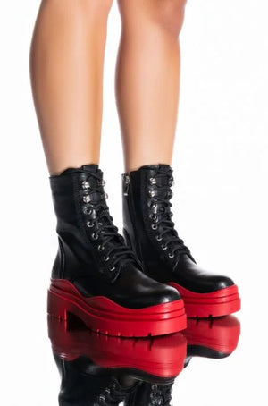 LUST LACE UP FLATFORM BOOTIE IN RED