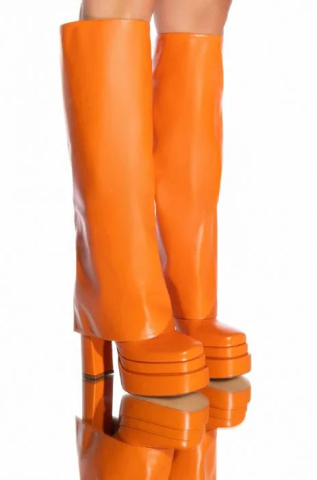 INVISIBLE KNEE HIGH FOLD OVER CHUNKY BOOT IN ORANGE