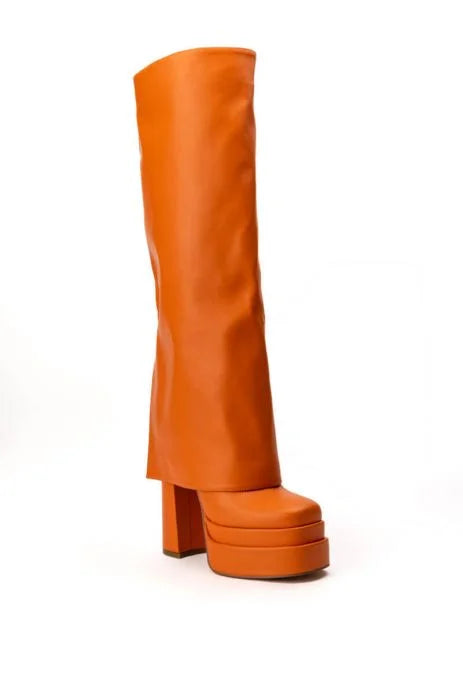 INVISIBLE KNEE HIGH FOLD OVER CHUNKY BOOT IN ORANGE